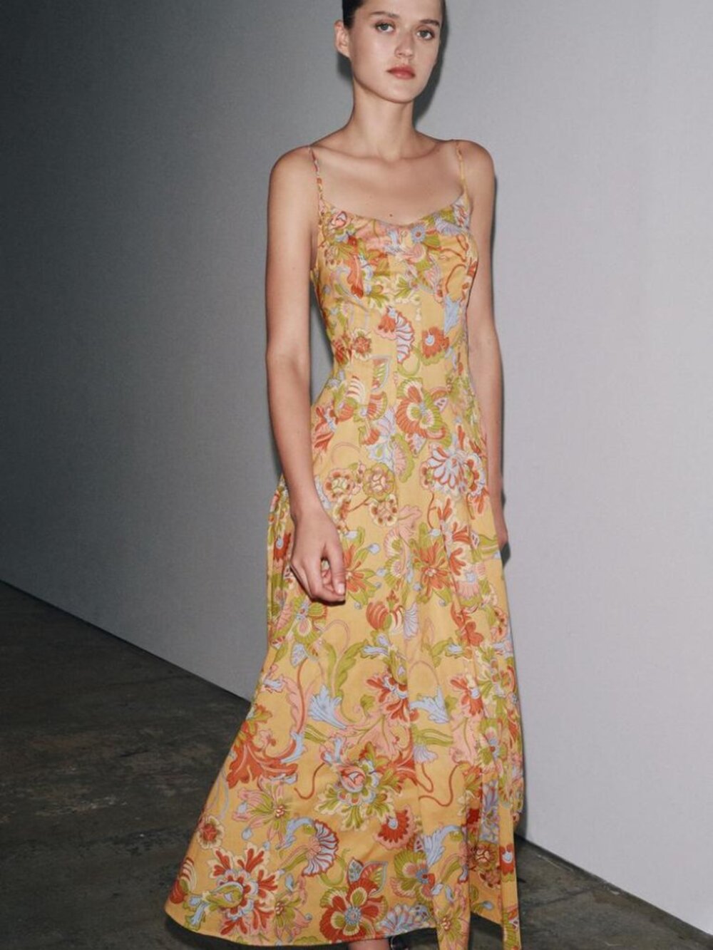 Zara ZW Collection Floral Midi Dress Cotton Flowy Strappy Orange Size Large NWT